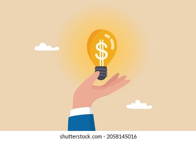 Enlighten money idea, investment and savings with high profit, business idea to make money or profit, innovation or creativity concept, businessman hand hold brightly lit money dollar lightbulb idea.