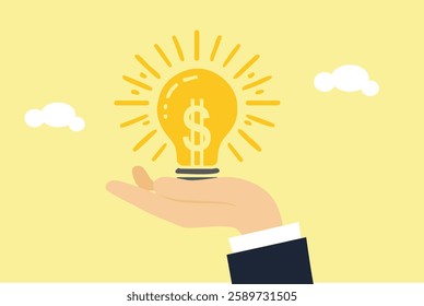 Enlighten money idea, investment and savings with high profit, business idea to make money or profit, innovation or creativity concept, businessman hand hold brightly lit money dollar lightbulb idea