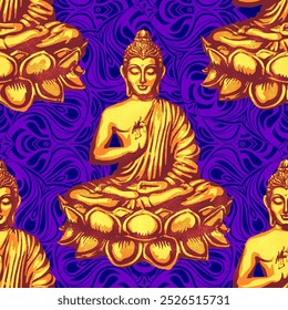 Enlightened Buddha in Gold: Seamless Vector Pattern with Lotus and Spiritual Serenity. Buddha Meditation Flow Vector