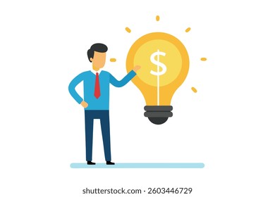 Enlightening money ideas Investment and savings with high profit, business strategies to generate income, and the concept of innovation and creativity. A businessman’s hand holds a brightly lit dollar