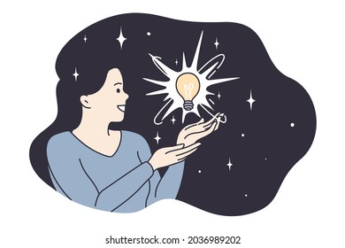 Enlightenment, harmony, having great idea concept. Young smiling woman cartoon character having light bulb in flying brunette hair feeling positive and excited vector illustration 