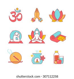 Enlightenment, yoga, lotus chakra, asana, namaste and ohm sign. Thin line icons set. Modern flat style symbols isolated on white for infographics or web use.