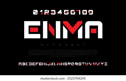 Enma creative modern geometric urban alphabet font. Digital abstract futuristic, game, techno, robot, music, logo, sport, minimal technology typography. Simple numeric vector illustration