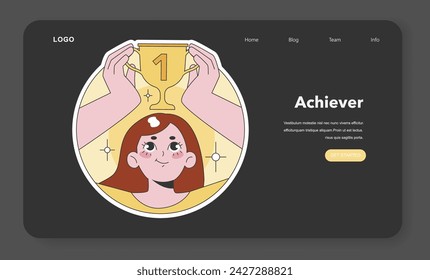 Enneagram Achiever type illustration. An ambitious, excellence-driven character holding a trophy, representing success and achievement. Ideal for motivational themes. Flat vector illustration
