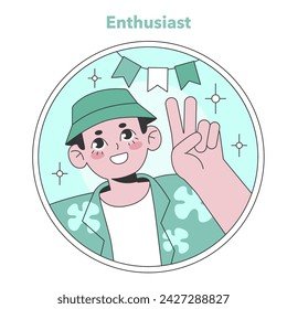 Enneagram Enthusiast type illustration. A joyful, spirited character giving a peace sign, embodying optimism and adventure. Ideal for positive psychology themes. Flat vector illustration