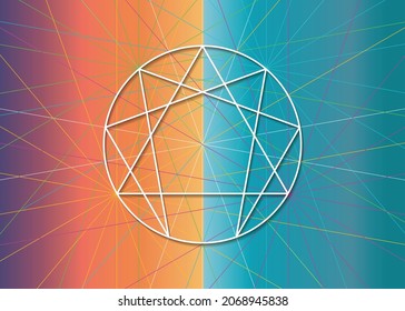 Enneagram icon, sacred geometry, diagram logo template, universal energy symbols vector illustration isolated on colorful background 