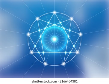 Enneagram icon, sacred geometry, diagram logo template, white neon light style, vector illustration isolated on blue sky background 