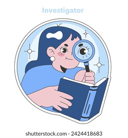 Enneagram Investigator type illustration. A curious, analytical character peering through a magnifying glass, embodying the search for knowledge. Perfect for educational tools. vector illustration