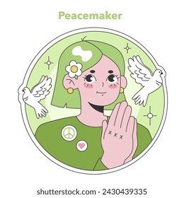 Ilustración de tipo Enneagram Peacemaker. Un carácter sereno, armonioso con palomas, personificando la calma y la búsqueda de la paz. Ideal para temas de resolución de conflictos. Ilustración vectorial plana