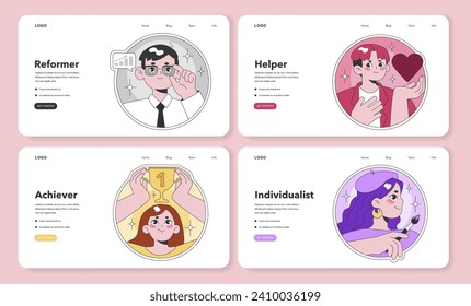Enneagram personalities web layout. Illustrations of Reformer, Helper, Achiever, and Individualist embodying core traits in a user-friendly interface. Flat vector illustration.