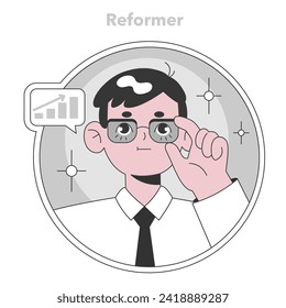 Enneagram Reformer type illustration. A principled, purposeful character adjusting glasses, symbolizing focus and clarity. Perfect for self-growth resources. Flat vector illustration