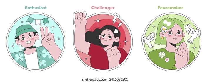 Enneagram set con Enthusiast, Challenger, Peacemaker. Caracteres vibrantes que representan alegría, fuerza y calma para el mapeo de la personalidad. Ilustración vectorial plana