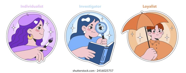 Enneagram type series. Individualist, Investigator, Loyalist characters expressing creativity, curiosity, and trust. Self-awareness and personality assessment theme. Flat vector illustration