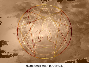 Enneagram yoga icon design for infographics and business. Ancient parchment, sacred geometry, with a meditating buddha silhouette in the lotus position, vector illustration isolated on old background