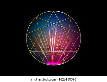 Enneagram yoga icon design for infographics and business. Gold Enneagram icon, sacred geometry, with a meditating buddha silhouette in the middle, vector illustration isolated on black background