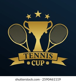 ennis cup logo, icon, badge design with two rackets and trophy cup. Tennis club, tournament symbol design. Vector illustration.