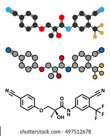 Enobosarm drug molecule. Stylized 2D renderings and conventional skeletal formula. Selective androgen receptor modulator (SARM) that is also used in sports doping.