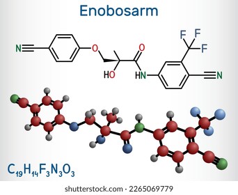 Enobosarmo, molécula de ostarina. Es un agente no esteroideo con actividad anabólica, modulador selectivo del receptor androgénico SARM. Fórmula química estructural, modelo molécula. Ilustración del vector