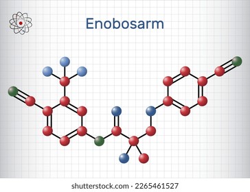 Enobosarm, Ostarinmolekül. Es ist nicht-steroidales Mittel mit anaboler Aktivität. Strukturelle chemische Formel, Molekül-Modell. Blatt Papier in einem Käfig. Vektorgrafik