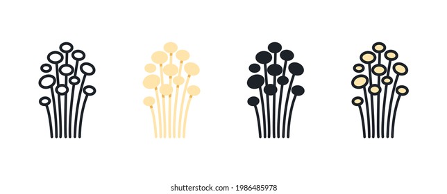 Icono de hongos Enoki. Los iconos de color plano lineal concuerdan con el contorno de la forma. Ligera. Silueta vectorial negra. Rellenar icono sólido. Diseño de glifos modernos. Ilustraciones de hongos. Conjunto de vectores