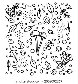 Enoki mushroom set with leaves and berries in black color isolated on a white background for autumn or thanksgiving cards, t-shirt design, coloring page. Vector illustration