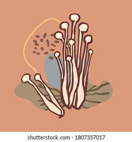 Enoki mushrooms with abstract forms over beige background. Square vector illustration. Autumn or fall seasonal design concept.