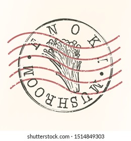 Enoki Stamp Postal. Japanese Mushroom Silhouette Seal. Passport Round Design. Vector Icon. Design Retro Travel.