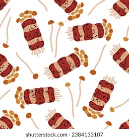 Enoki wrapped in bacon seamless vector pattern. Tasty Asian mushrooms with pork, sauce, sesame. Japanese or Korean fast street food. Flat cartoon background for posters, print, menu, cafe, delivery