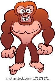 Enormous ape-like monster with bulging eyes, brown fur and long arms while staring at you, clenching its fists and smiling mischievously