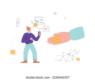 Enormous hand of business man holding out bitcoins to an NFT entrepreneur. NFT art and intellectual property token, flat vector illustration isolated on white background.