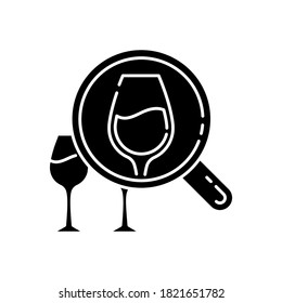 Enotourism black glyph icon. Wine tasting tours, winemaking silhouette symbol on white space. Alcohol drinks degustation on vacation. Wineglasses under magnifying glass vector isolated illustration