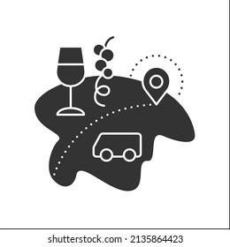 Enotourism glyph icon. Wine tourism.Tasting, consumption wine, tour on winery. Vineyard walks. Gastronomic tourism. Tourism types concept.Filled flat sign. Isolated silhouette vector illustration