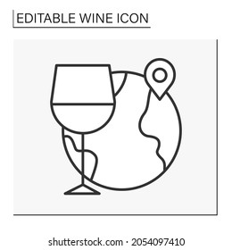  Enotourism line icon. Wine tourism, or vinitourism. Tasting, consuming wine, and touring the winery. Vineyard walks. Gastronomic tourism. Wine concept. Isolated vector illustration. Editable stroke