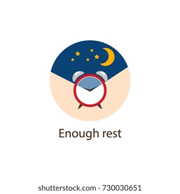 Enough Rest round flat style icon with alarm clock and night sky, sleeping well as wellbeing concept vector illustration isolated on white background. Enough Rest, round wellbeing, wellness icon