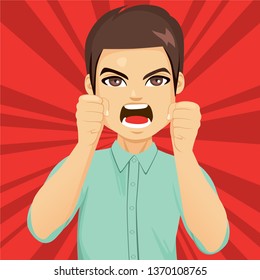 Enraged angry man shaking fists with open mouth yelling