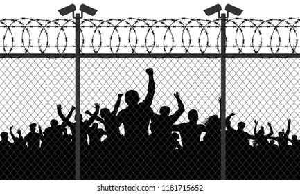 Die wütende Menschenmenge liegt hinter den Bars. Zaundraht-Stacheldraht, Vektorsilhouette. Straßenkamera auf der Säule