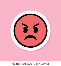enraged face emoji sticker, red angry expression sticker on pink background, black outline, vector design element
