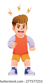 Enraged little boy shouting with open mouth and lightning icons depicting frustration. Vector cartoon illustration