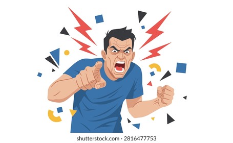 Enraged man pointing his finger and yelling with red lightning bolts around his head signifying extreme anger and stress.