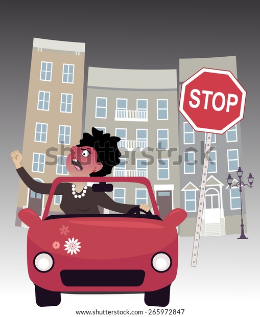 Enraged woman in a car on a city\
road, screaming and gesturing, cityscape and a stop sign on the\
background, vector illustration, no transparencies, EPS\
8