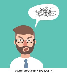enraged young hipster man with the beard vector flat design illustration isolated on aquamarine background. Angry office worker. grumpy businessman with glasses