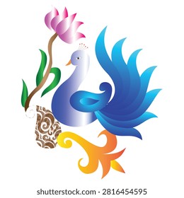 Enrich your creative designs with this beautifully stylized peacock vector illustration. Isolated on a clean white background, the artwork features a majestic peacock in vibrant blue gradients, accompanied by a blooming pink lotus flower, elegant green leaves, an intricate brown textured paisley motif, and a fluid orange-yellow swirl pattern at the base. Drawing inspiration from traditional South Asian folk art, this versatile graphic is ideal for cultural festival posters, ethnic greeting cards, wedding invitations, textile prints, and heritage branding.#PeacockVector #LotusFlower #TraditionalArt #FolkIllustration #EthnicDesign #SouthAsianCulture #GraphicElement #CulturalHeritage #ArtisticDesign