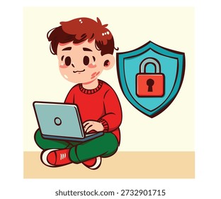 Enrich your projects with this fun technology illustration, featuring a cartoon of a boy with a laptop and a shield, highlighting the concept of cybersecurity.