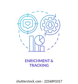 Icono de concepto de enriquecimiento y seguimiento de degradado azul. Análisis de marketing. Lidera la ilustración de la línea delgada de la idea abstracta del proceso de administración. Dibujo de contorno aislado. Se usa una fuente Myriad Pro-Bold