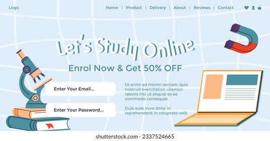 Enrol now and get 50 percent discount on courses and lessons. Lets study online in internet. Biology and physics, computer programming. Website page, landing page template. Vector in flat style