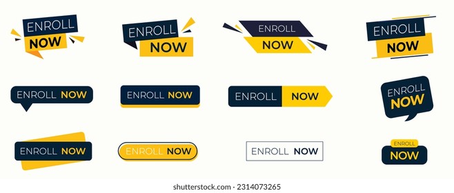 Enroll now label for marketing accouncement | Discount offer for increase sale | Black and yellow label banner template digital marketing icon for enroll now sale offer