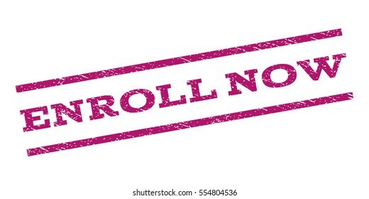 Enroll Now watermark stamp. Text caption between parallel lines with grunge design style. Rubber seal stamp with unclean texture. Vector purple color ink imprint on a white background.