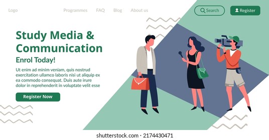 Enroll Today For Courses And Start Learning Media And Communication. Journalism And Professional Quality, News Making Service. Website Landing Page Template, Online Site. Vector In Flat Style