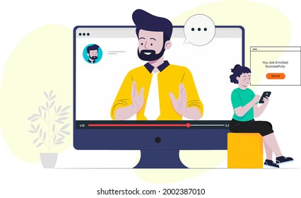 Enrolled successfully concept flat design illustration, enrollment for online session, buy a course, learn online, online courses, booked demo, book your live class, one to one live session, 