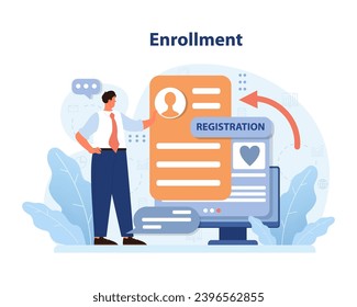 Enrollment process visualized. Businessman interacts with an online registration form on a computer, symbolizing easy user sign-up. Digital application, seamless registration experience. Flat vector